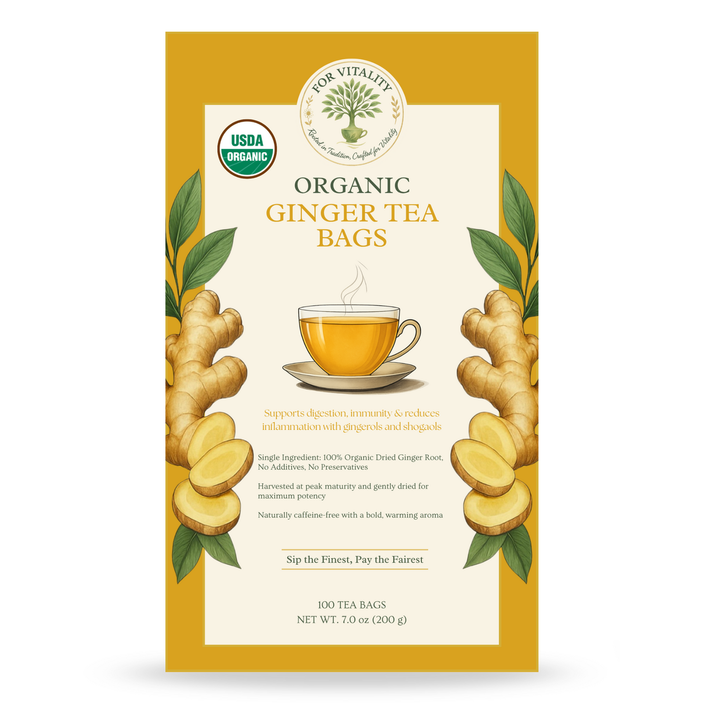 For Vitality® Organic Ginger Tea Bags (100 Count | 7 oz | 200g)