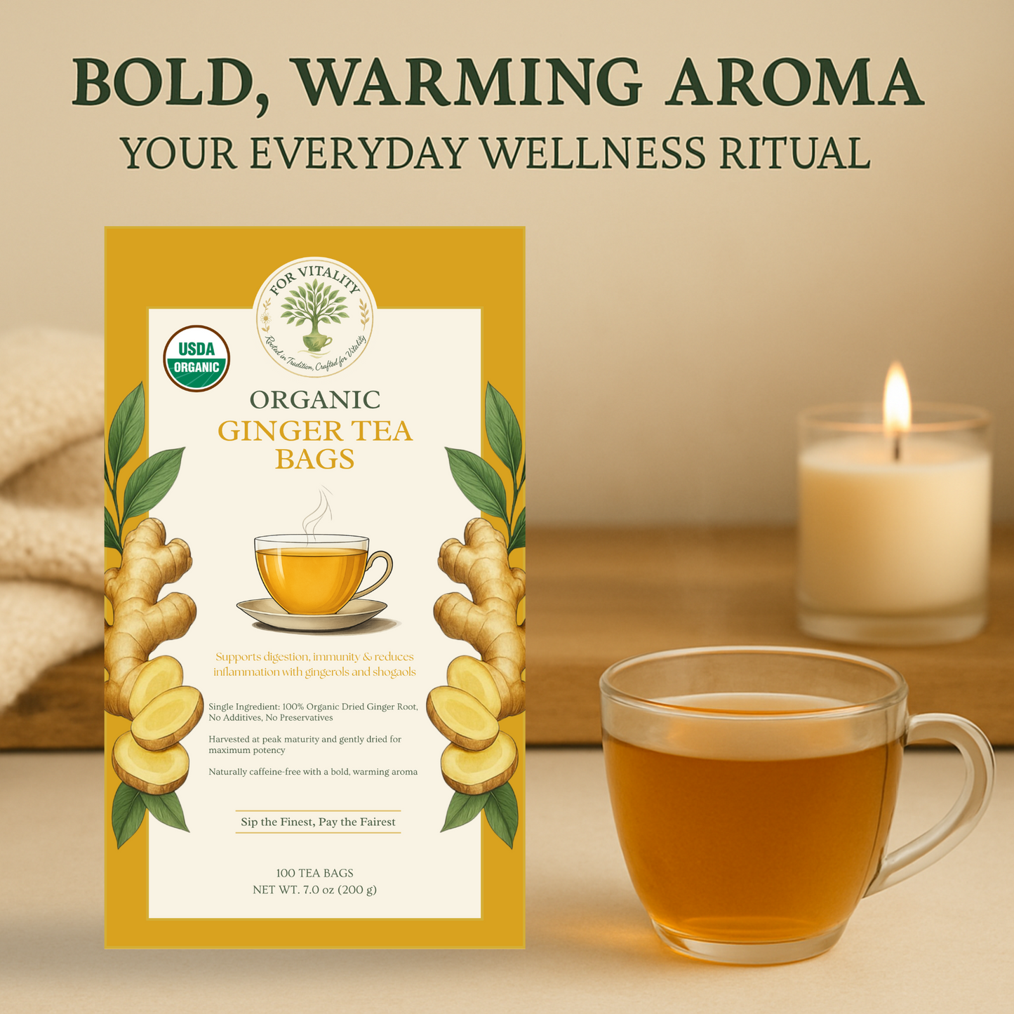 For Vitality® Organic Ginger Tea Bags (100 Count | 7 oz | 200g)