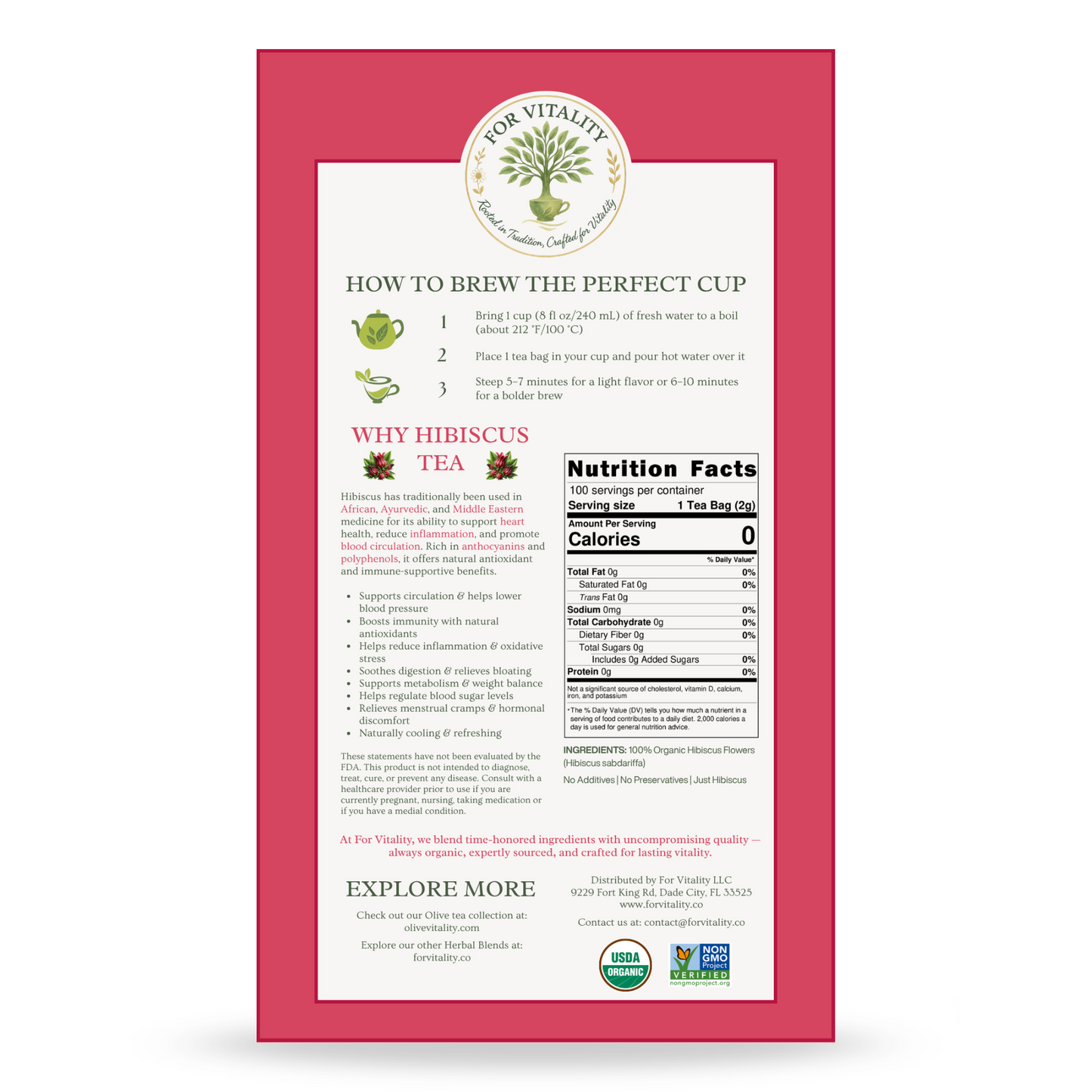 For Vitality® Organic Hibiscus Tea Bags (100 Count | 8 oz | 226g)