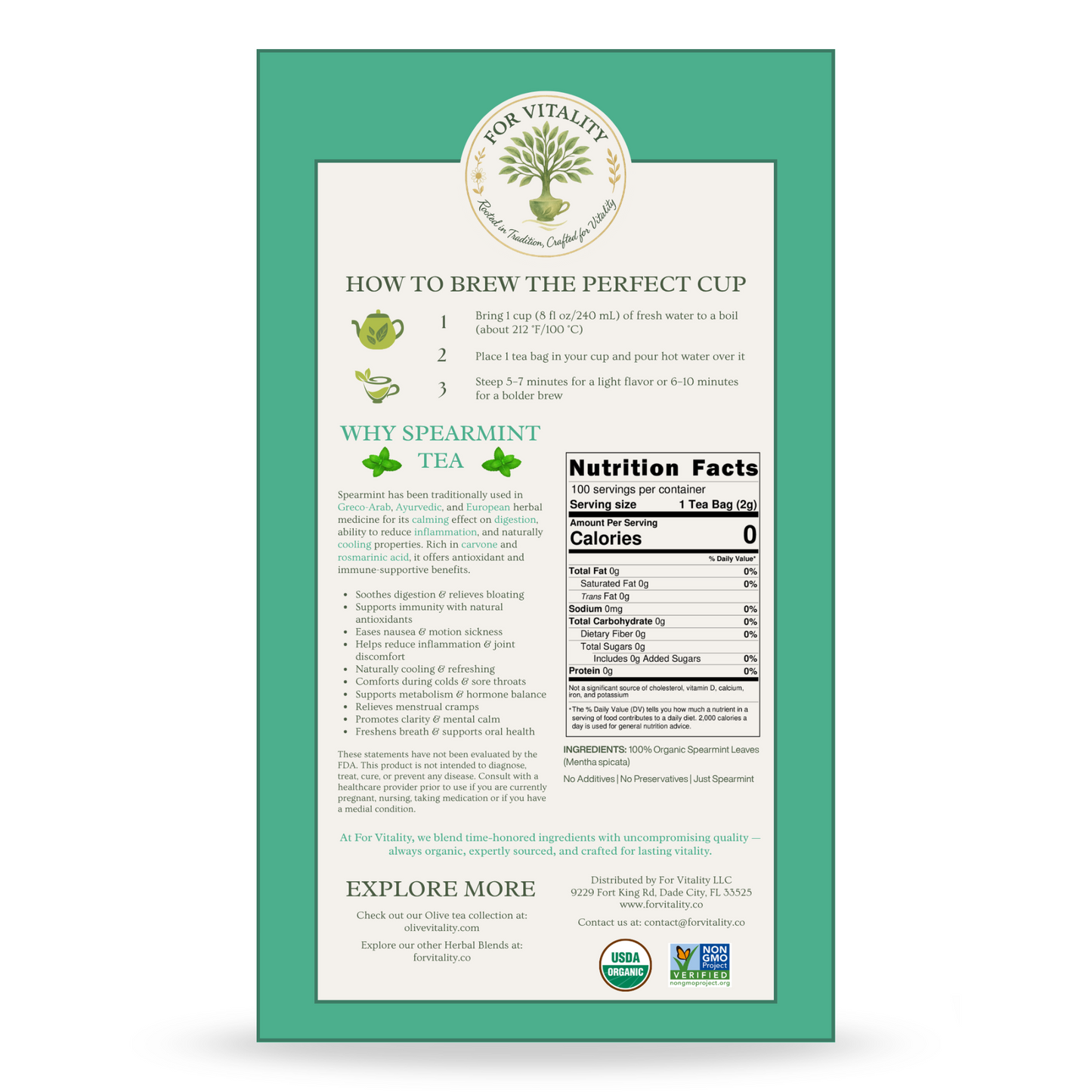 For Vitality® Organic Spearmint Tea Bags (100 Count | 8 oz | 226g)