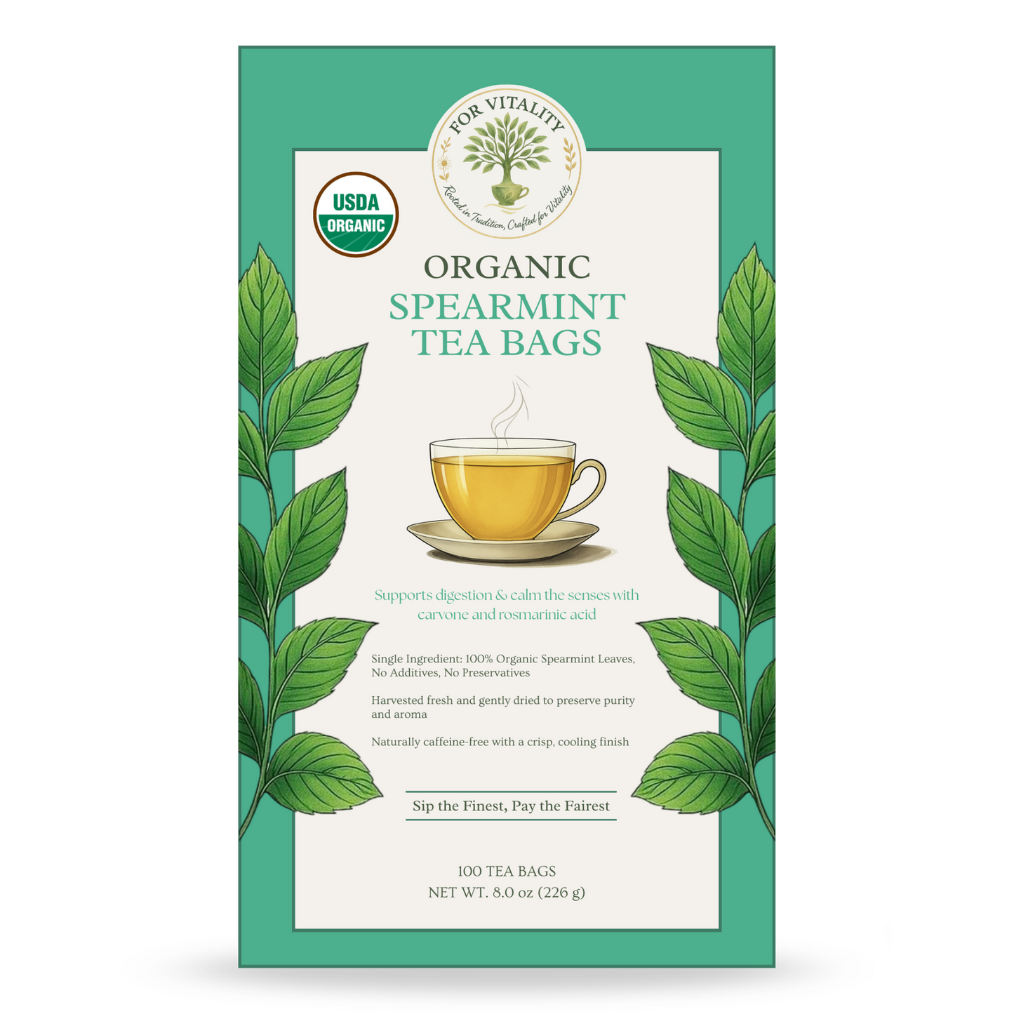 For Vitality® Organic Spearmint Tea Bags (100 Count | 8 oz | 226g)