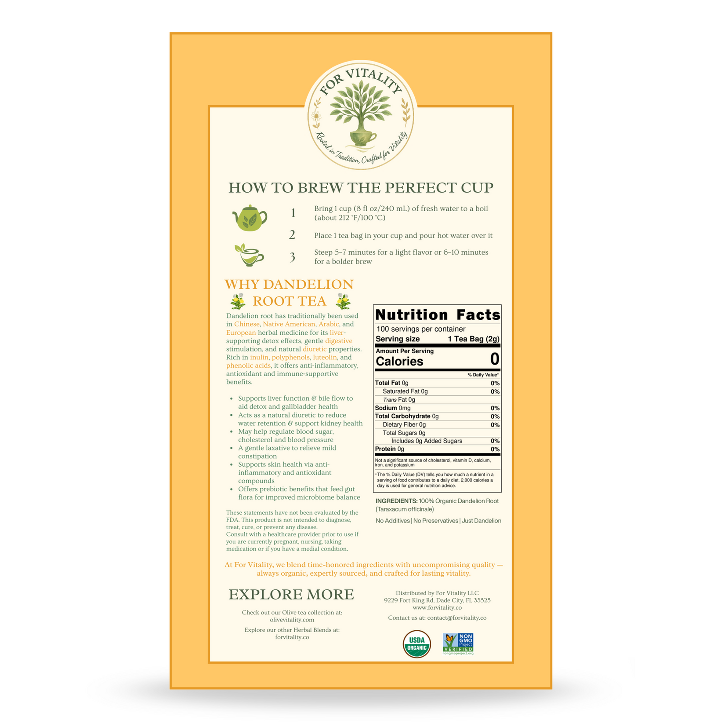 For Vitality® Organic Dandelion Root Tea Bags (100 Count | 7 oz | 200g) [COMING SOON]